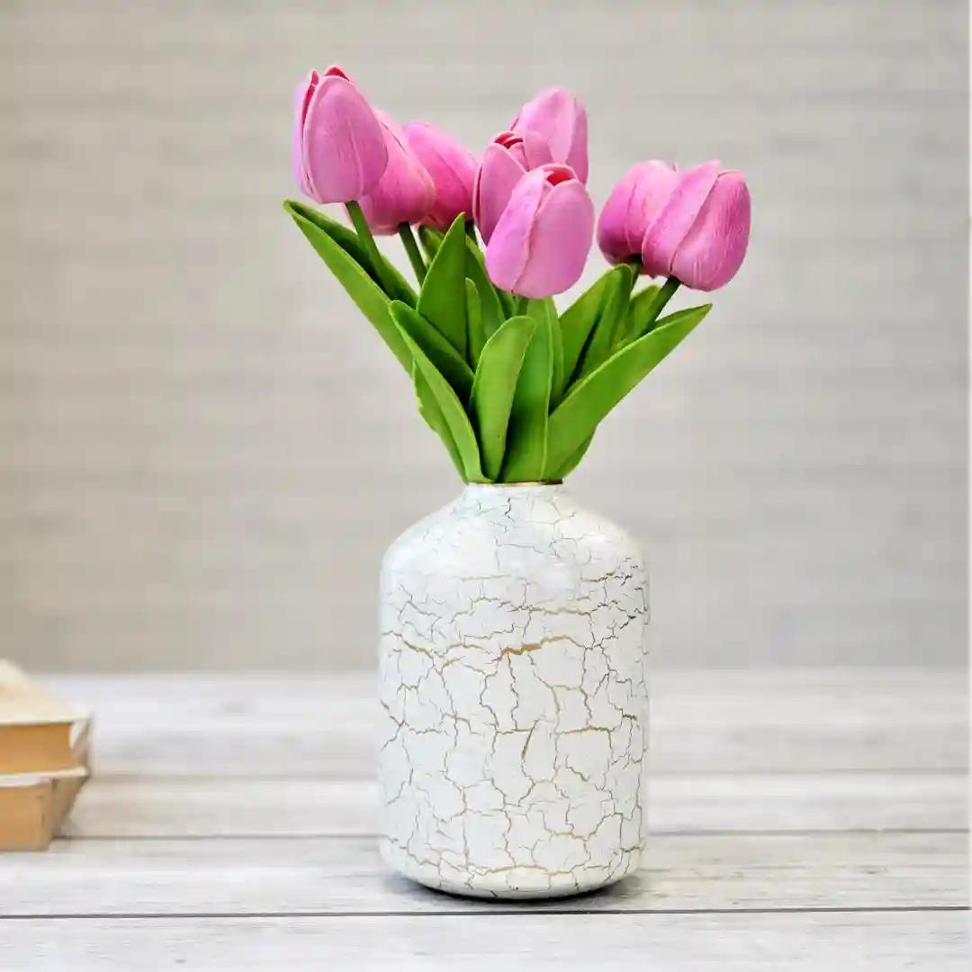 Behoma Metal Flower Vase for Home Decor Bedroom Living Room Office Wedding | Table Decorative Item for Festivals Birthday Off-White Crackled 1Pcs(10.5 x 15.7 CM) (Flower not Included)