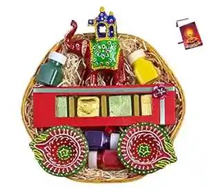 Diwali gift hampers box/Diwali gift/Diwali gift items/Diwali gifts for corporate employees-Decorated basket+Handmade chocolate box+1 decorative Ambawadi elephant+2 diya+4 rangoli colours+Diwali card