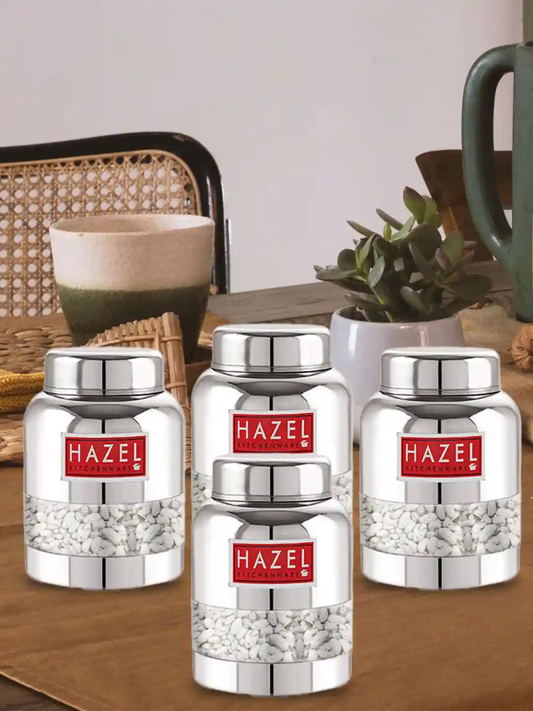 HAZEL Stainless Steel Container Set | Barni Shape See Through Container with Glossy Finish |Transparent Multipurpose Storage Box for Kitchen, 350 ML, Set of 4