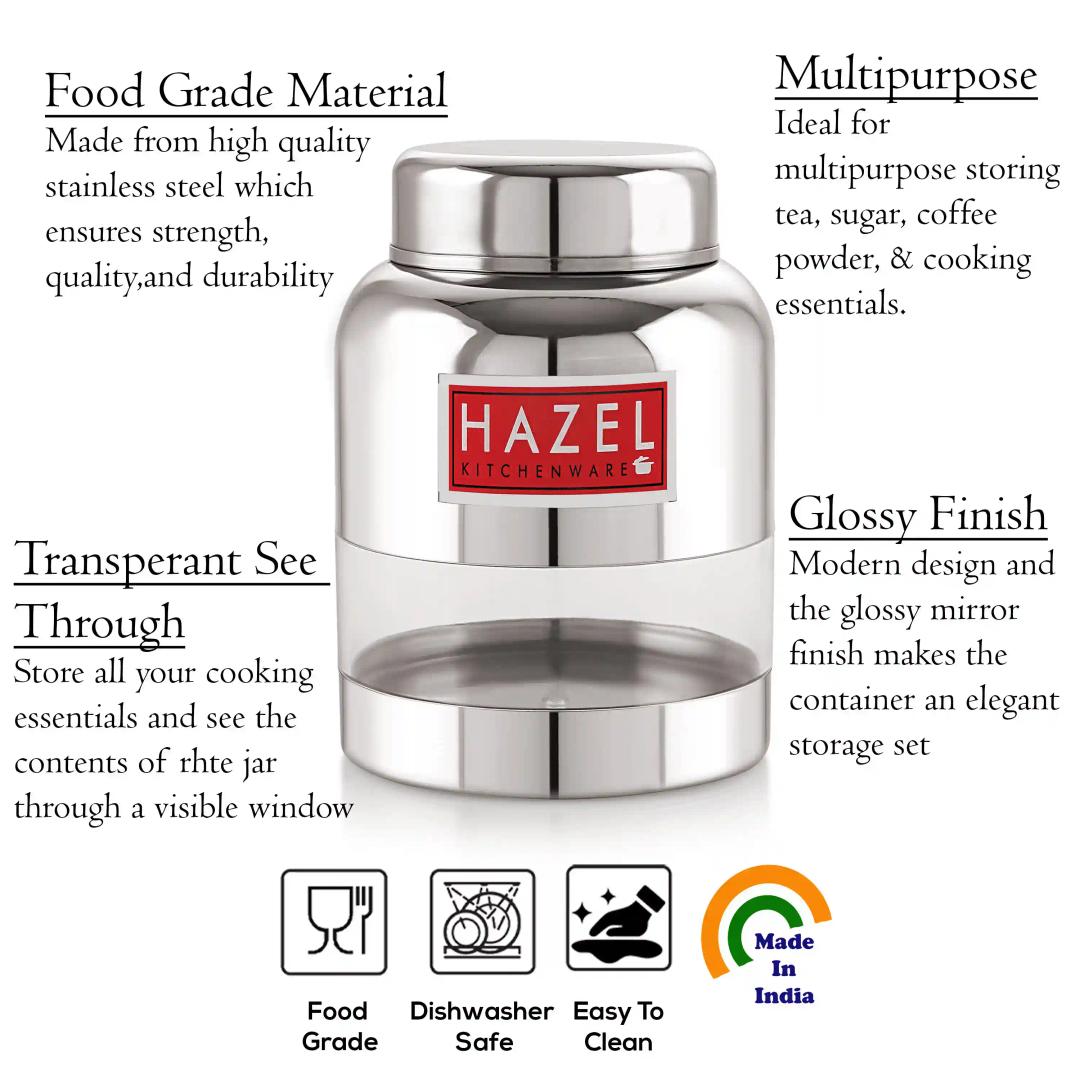 HAZEL Stainless Steel Container Set | Barni Shape See Through Container with Glossy Finish |Transparent Multipurpose Storage Box for Kitchen, 350 ML, Set of 4