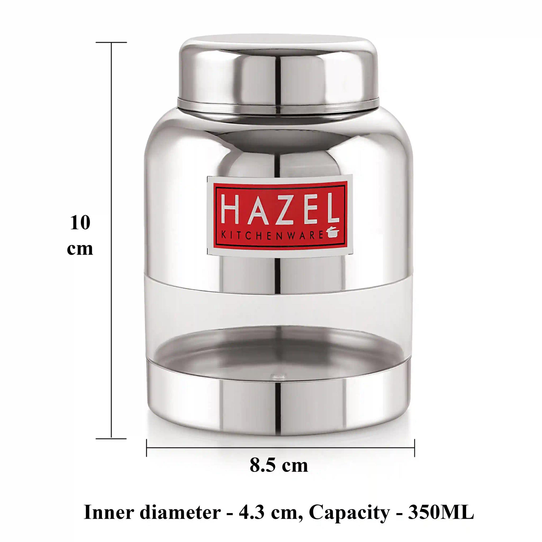 HAZEL Stainless Steel Container Set | Barni Shape See Through Container with Glossy Finish |Transparent Multipurpose Storage Box for Kitchen, 350 ML, Set of 4