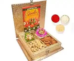 Bhai dooj, Diwali gift set for brother/bhai dooj tikka/bhai dooj gift hamper for brother/bhaiya dooj gift for brother/bhaiya dooj gift for big brother-almonds+cashew+ganesha idol+peetal diya+roli