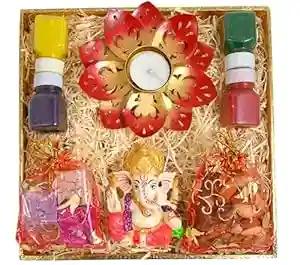 Diwali chocolate candy/diwali gift hamper with chocolates and dry fruits/d-decorated tray+potli of mix dry fruit+potli of fruits and nuts chocolates+showpiece figurine+1 candle holder+4 Rangoli Colour