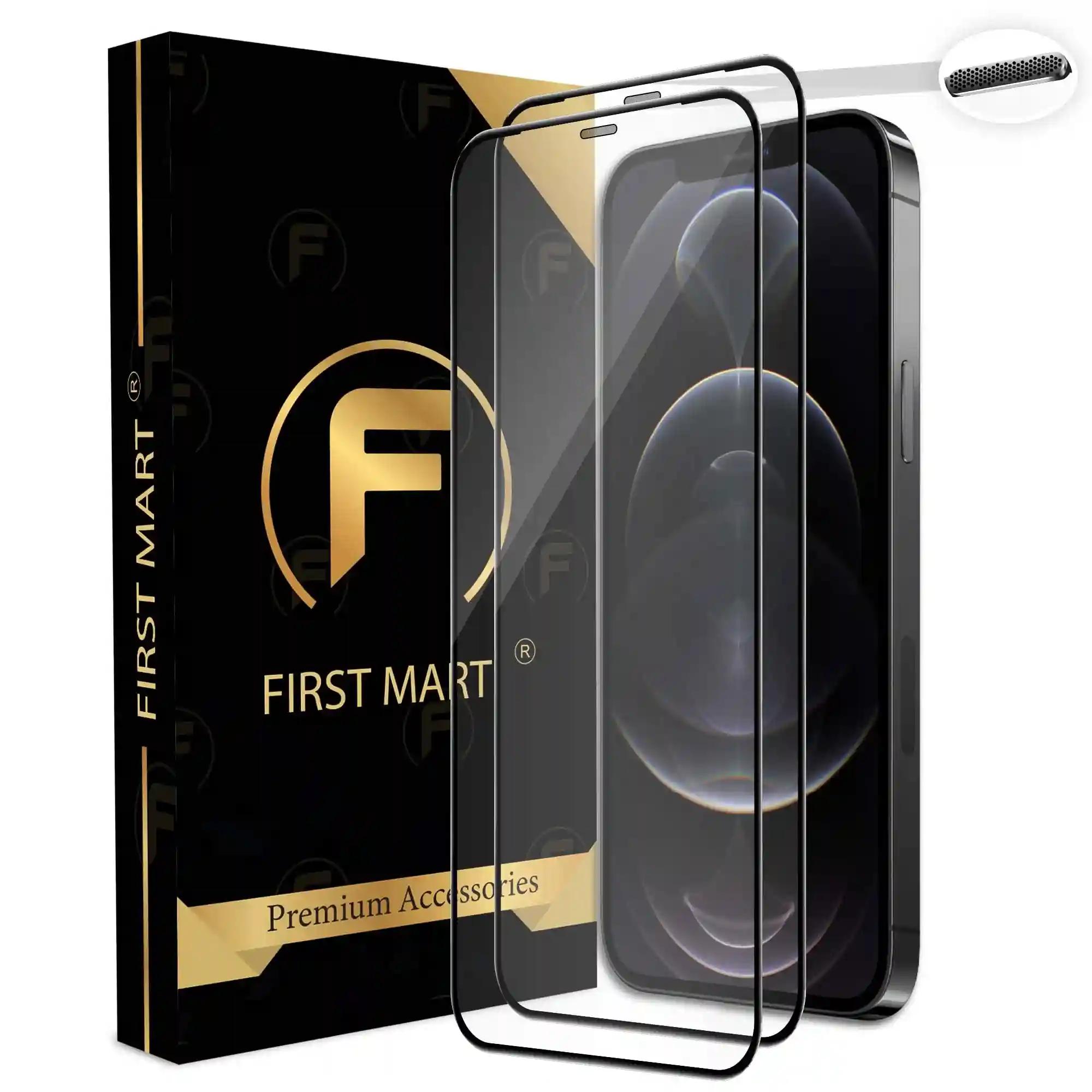 FIRST MART Premium Tempered Glass for iPhone 12 Pro Max Edge to Edge Screen Coverage and Speaker Mesh Dust Filter, Easy Installation Kit, Pack of 2, Black