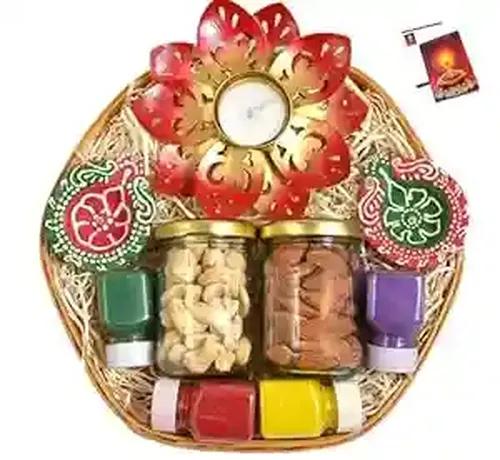 Diwali Dry Fruit Tray/Diwali Dry Fruits/Diwali Dry Fruits Gift Pack-Decorated Basket+2 Jars of Dry Fruits(Almond and Cashew)+Designer Candle Holder+2 Decorative Diya+4 Rangoli Colours+Diwali Card