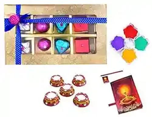 MANTOUSS Happy Diwali Chocolate Gift (Golden Decorative Box) + 2 Matki Wax Filled Diya, Diwali Greeting Card and Rangoli Colours