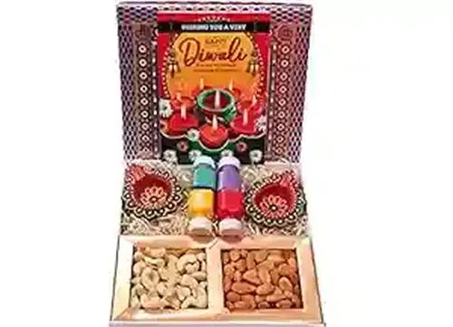 Diwali dry fruits tray/Diwali Gift hampers with Dry Fruits/Dry Fruits Combo Pack/Diwali Dry fruits gift pack-50 gms of Almond+50 gms of cashew+2 designer Diya+4 Rangoli Colours+Diwali Card