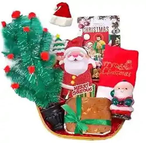 Christmas Cake Gift Hamper/Christmas Gifts/Christmas Gift for Kids-Decorated Basket+200gms veg plum Cake+Christmas Tree+Christmas Decorative hangings+Santa Claus Cap+Santa Claus Candle+Christmas Card