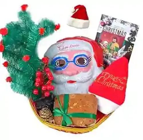 Christmas Gift Hamper/Christmas Cake Gift/Christmas Gift Basket-Decorated Basket+200gms veg plum Cake+Christmas Tree+Santa Claus mask+Santa Claus Cap+Bunch of Decorative Cherry+Pine Cone+Greeting Card