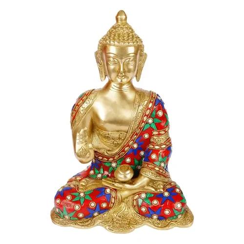 ARTVARKO Brass Buddha Statue Sitting Buddha Statue Buddhism God Buddha With Inlay Stone Work Gautama Buddha 10 Inches