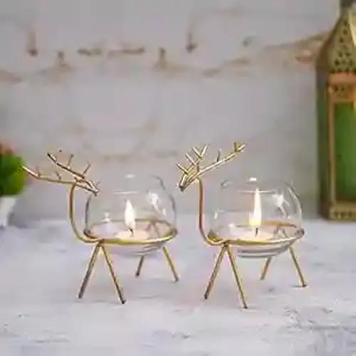 WEBELKART Premium Iron Reindeer tealight Candle Holder for Home and Table Decor | Diwali tealight Holder for Home and Dining Room Decor (Gold)