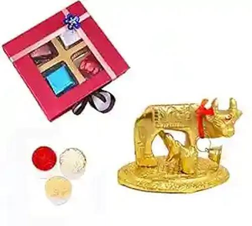 Bhaiya dooj tikka/bhaiya dooj gift for brother/bhaiya dooj tikka with chocolate/bhaiya dooj roli chawal/bhaiya dooj/bhai dooj-Chocolate box+roli chawal chandan+cow and calf decorative showpiec