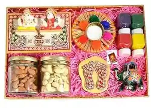 MANTOUSS diwali dry fruits nut and seed box/diwali gift for employees/diwali gifts-decorated rectangular tray+Chowki Lakshmi ganesh+jar of almond and cashew(100gms each)+kodi candle holder+colours