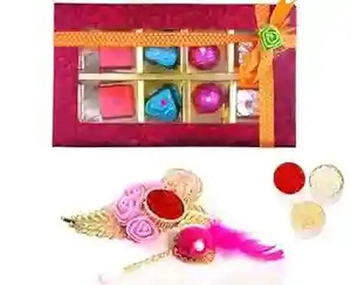 Bhai dooj gift set for brother/bhai dooj gift/bhai dooj gift for brother/bhai dooj thali/thali set for tikka-Box of handcrafted chocolate+roli chawal platter+roli chawal chandan set