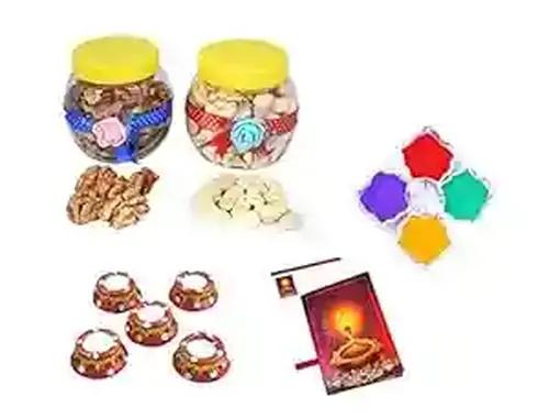 MANTOUSS Diwali Dry Fruit Decorated Jar-Cashew and Walnut(100gms Each),200 GMS + 2 Matki Wax Filled Diya, Diwali Greeting Card and Rangoli Colours