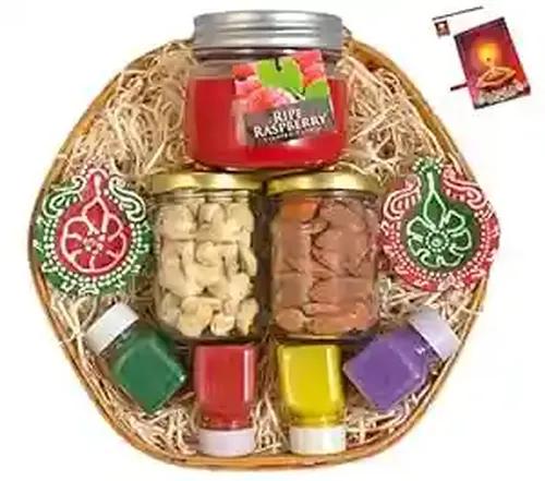 Diwali dry fruits gift box/diwali dry fruits gift hamper/diwali dry fruits gift box-decorated basket+2 Jars of Dry Fruits(Almond and Cashew)+Jar candle+2 designer Diya+4 Rangoli Colours+Diwali Card