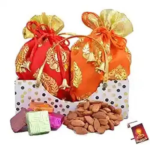 Diwali gift hamper/diwali dry fruits gift box/diwali dry fruits tray/diwali dry fruits gift hamper/diwali gift-Decorated basket with 50 gms of almonds+Chocolates(In separate potlis)+ Diwali Card