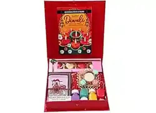 Diwali gift hamper/Diwali chocolate gift pack/Diwali gift items/Diwali gift combo-designer tray+Handmade Chocolate box+1 designer diya+handmade diary+rangoli colours +Diwali greeting card