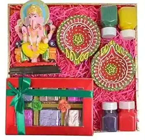 MANTOUSS Diwali gifts/diwali gifts for family and friends/diwali gift hampers-decorated tray+Handcrafted chocolate box+Showpiece figurine+2 earthen diya+4 rangoli colours+Diwali Greeting Card