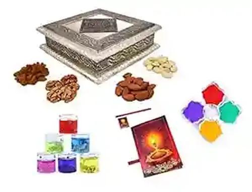 MANTOUSS Diwali Oxidised Dry Fruit Hamper/Pack/Combo-Cashew,Almond,Walnut and Raisin (50gms Each) 200gms + 2 Gel Filled Glass Candle,Diwali Greeting Card and Rangoli Colours