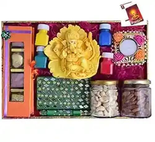 MANTOUSS Diwali dry fruits gift pack/Diwali dry fruits gift hamper-Rectangle tray+jar of almond and cashew(100gms each)+chocolate box+Patta ganesha+designer diya+handmade diray and pen+rangoli colours