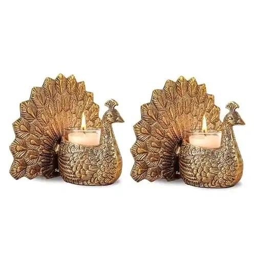 Behoma Metal Peacock Vastu Figurine for Good Luck and Love | Candle Holder for Home Décor Tabletop Living Room Office | Showpiece Statue for Gifting (Scented Glass votive candle included), Set of 2, Gold