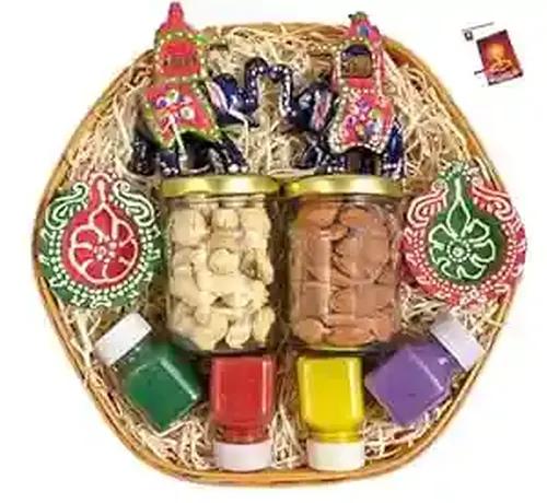 Diwali dryfruit nut and seed box/diwali dry fruits tray/diwali dry fruits hamper-decorated basket+2 Jars of Dry Fruits(Almond and Cashew)+set of 2 elephant for decor+2 diya+Rangoli Colours+Diwali Card