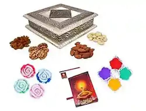 MANTOUSS Diwali Oxidised Dry Fruit Hamper/Pack/Combo-Cashew,Almond,Walnut and Raisin (100gms Each) 400gms + 2 Floating Diya, Diwali Greeting Card and Rangoli Colours