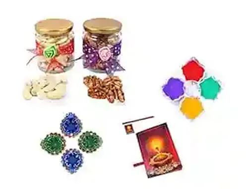 MANTOUSS Diwali Dry Fruit Decorative Glass Jar-Cashew and Walnut(100gms Each),200 GMS + 2 earthern Diya, Diwali Greeting Card and Rangoli Colours