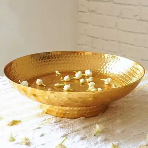 Behoma Hammered Decorative Bowl for Home Decor | Aluminium Round Urli for Living Room Dining Ofice CenterTable, Diwali, Festival | Golden Colour 1 PC (Dia 26.5CM) (Only Urly Included)