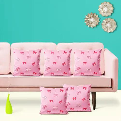 ArtzFolio Pink Bows | Decorative Cushion Cover for Bedroom & Living Room | Cotton Canvas Fabric | 12 x 12 inch (30 x 30 cms); Set of 5 pcs