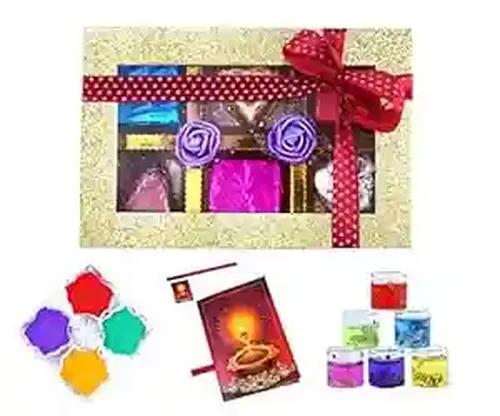 Mantouss Return Gift Diwali Chocolate Box + 2 Gel Filled Glass Candle, Diwali Greeting Card and Rangoli Colours