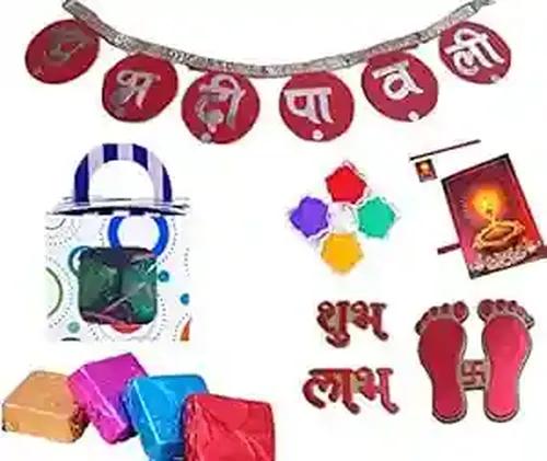 MANTOUSS Diwali gift hamper/Diwali gift for employees/Diwali gift for family and friends/Diwali chocolate pack-Box of handcrafted chocolate+shubh deepawali toran+paduka+shubh labh+rangoli colour+greeting card