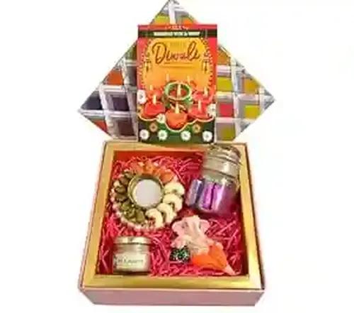 MANTOUSS diwali gift/diwali gift items/diwali gift box/diwali gift hamper-decorated box+Handcrafted chocolate in a jar+Showpiece figurine+scented jarCandle+designer candle holder+Diwali Greeting Card