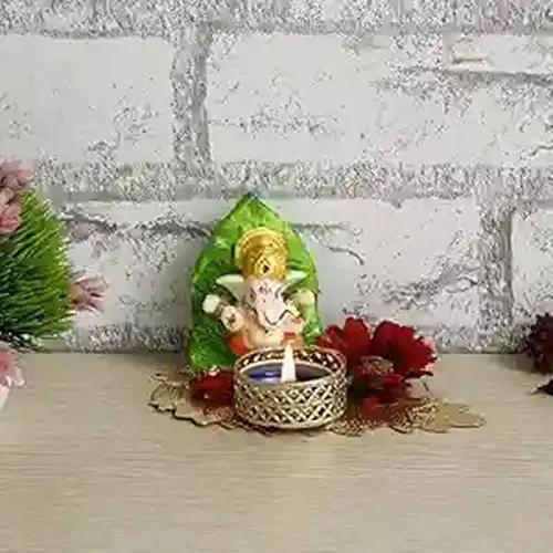 WEBELKART Premium Lord Ganesha Idol on Decorative Handcrafted Tealight Holder for Home Decorative Showpiece - 3" x 5.50 inch (Poly-Resin, Multi Color)