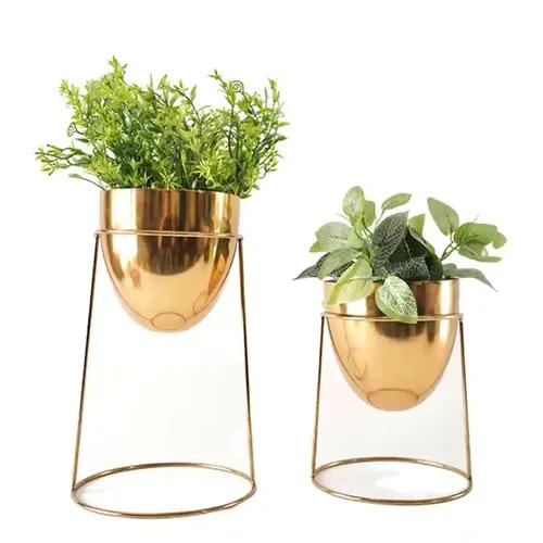 Behoma Golden Metal Planter with Round Gold Stand for Home Decoration | Planters for Living Room Bedroom Office Interiors | Set of 2 (Plants not Included)