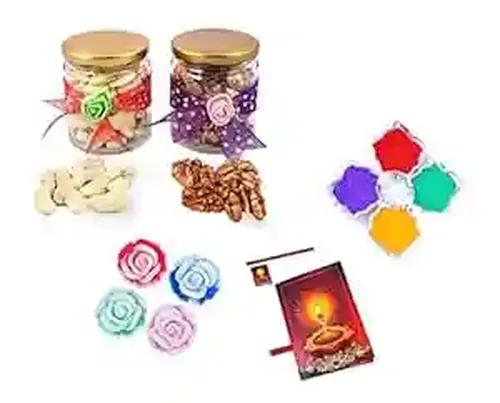 MANTOUSS Diwali Dry Fruit Decorative Glass Jar-Cashew and Walnut(100gms Each),200 GMS + 2 Floating Diya, Diwali Greeting Card and Rangoli Colours