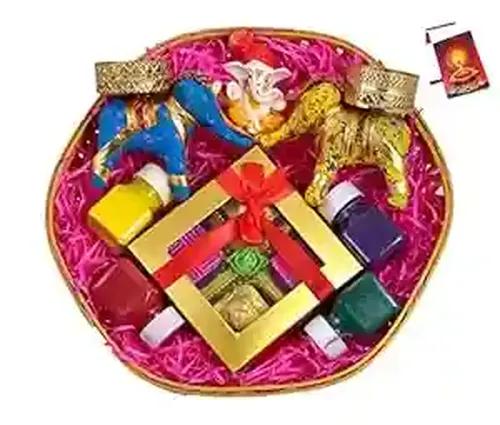 Diwali gifts for friends and family/Diwali gift items/Diwali chocolate gift hamper-Handcrafted chocolate box+Pair of Elephant Shape Candle Holder+4 Rangoli Colours+Showpiece figurine+Greeting Card