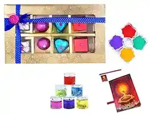 MANTOUSS Happy Diwali Chocolate Gift (Golden Decorative Box) + 2 Gel Filled Glass Candle, Diwali Greeting Card and Rangoli Colours