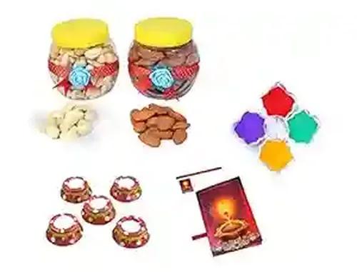 MANTOUSS Diwali Dry Fruit Decorated Jar-Almond and Cashew(100gms Each),200 GMS + 2 Matki Wax Filled Diya, Diwali Greeting Card and Rangoli Colours