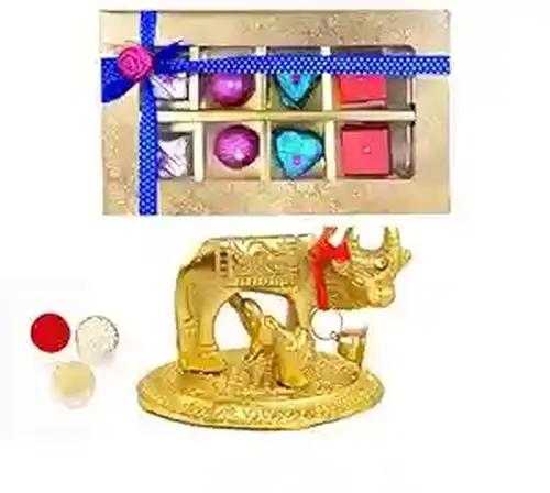 Bhaiya dooj/bhaiya dooj gift/bhaiya dooj tikka with chocolate/bhaiya dooj gift for brother/bhai dooj tika set/bhai dooj gift-Chocolate box+roli chawal chandan+cow and calf decorative showpiece