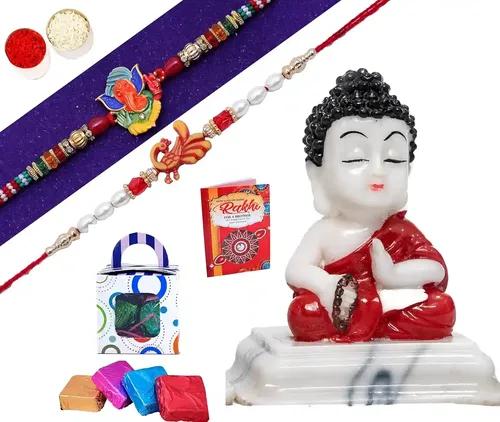 Rakhi For Brother And Bhabhi/Rakhi For Brother/Set Of 2 Rakhi Gift For Brother-Kundan Rakhi+Beads Rakhi+Showpiece Figurine +Roli, Chawal+Raksha Bandhan Greeting Card