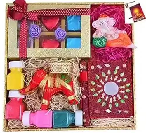 MANTOUSS Diwali chocolate gift pack-1 designer tray+1 Handmade chocolate box+1 Rajasthani diary and pen+1 murti of resting Ganesha+1 Elephant candle tealight stand+rangoli colours+Diwali greeting card