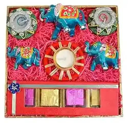 MANTOUSS Diwali gift hamper/Diwali gifts for employees/diwali gift for family-decorated tray+Handcrafted chocolate box+2Matki diya+Set of 3 elephant for decor+1 designer candle holder+Greeting Card