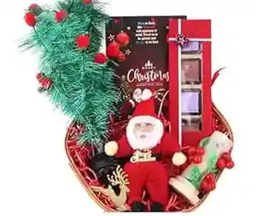 Christmas gift box/christmas gifts/christmas gift hamper/christmas basket-Handcrafted fruits and nuts chocolates+cherry tree shaped candle+santa clause soft toy+tree decoration items+card