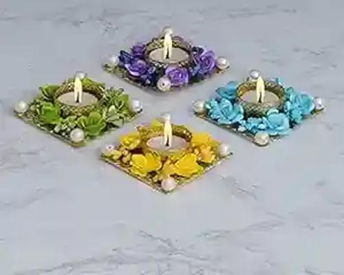 WEBELKART Premium Handmade Set of 4 Tealight Candle Holder for Home and Office Decor | tealight Candle Holder for Diwali Decorations| Flower Diya tealight Candle Holder (Pack of 4, 3.5 Inches)