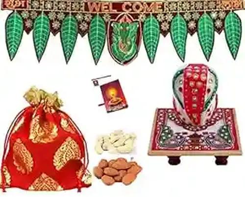 MANTOUSS Diwali Celebrations Gift Hamper/Diwali Gift Box-Designer potli with Almond and Cashew+Ganesha toran/bandherwal for Home Decor+Chowki Ganesha+Diwali Greeting Card