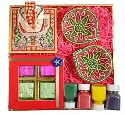 MANTOUSS diwali gift hamper/diwali diya/diwali gift item for family/diwali gift pack-decorated tray+Handcrafted chocolate box+Showpiece figurine+4 rangoli colours+Diwali Greeting Card