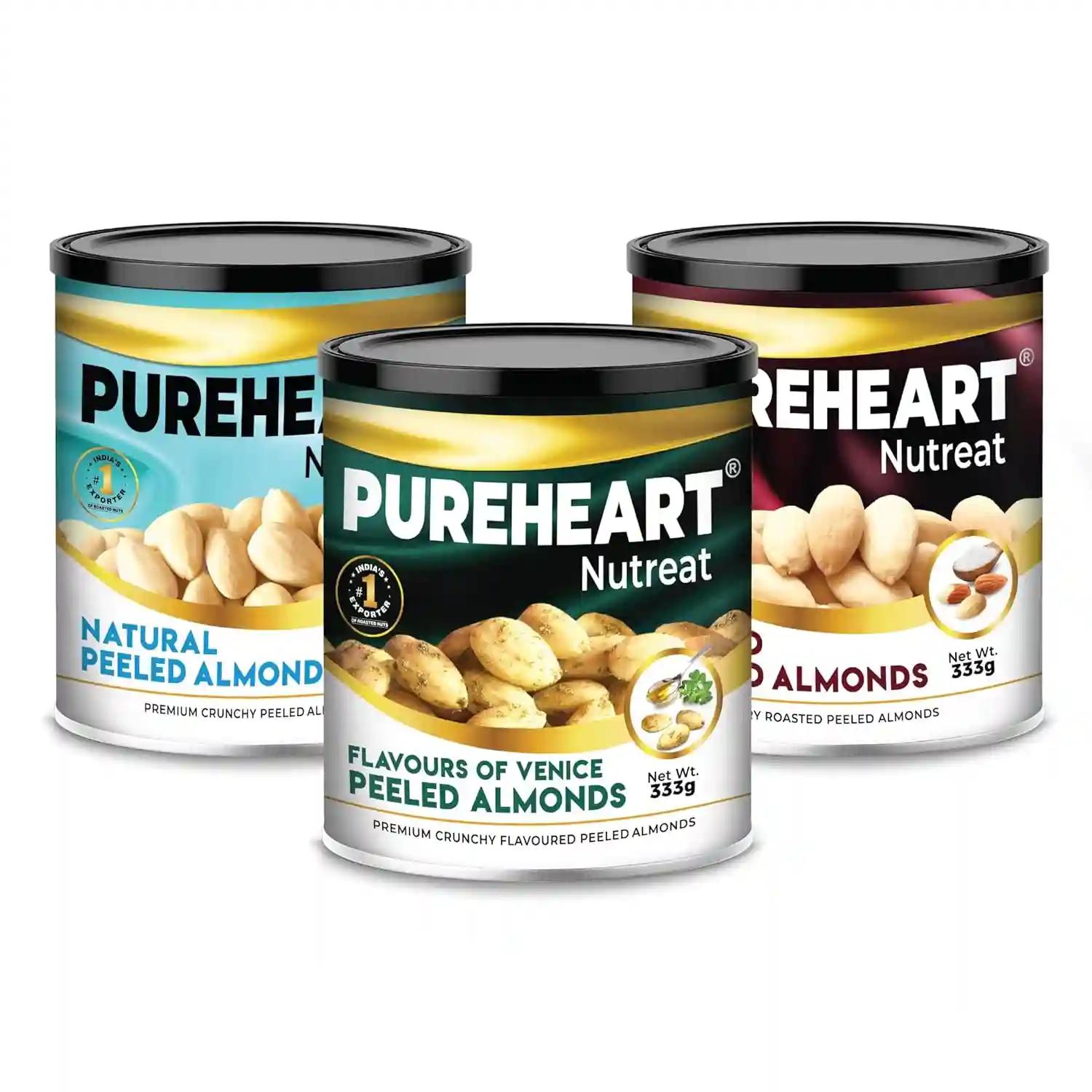 PUREHEART Nutreat Combo of Peeled Almonds Natural, Salted and Flavored Almonds (333 gm, Each)-Flavors of Venice - Whole Blanched California Premium Almond Nuts Without Skin/Dried Badam/Dry Fruit