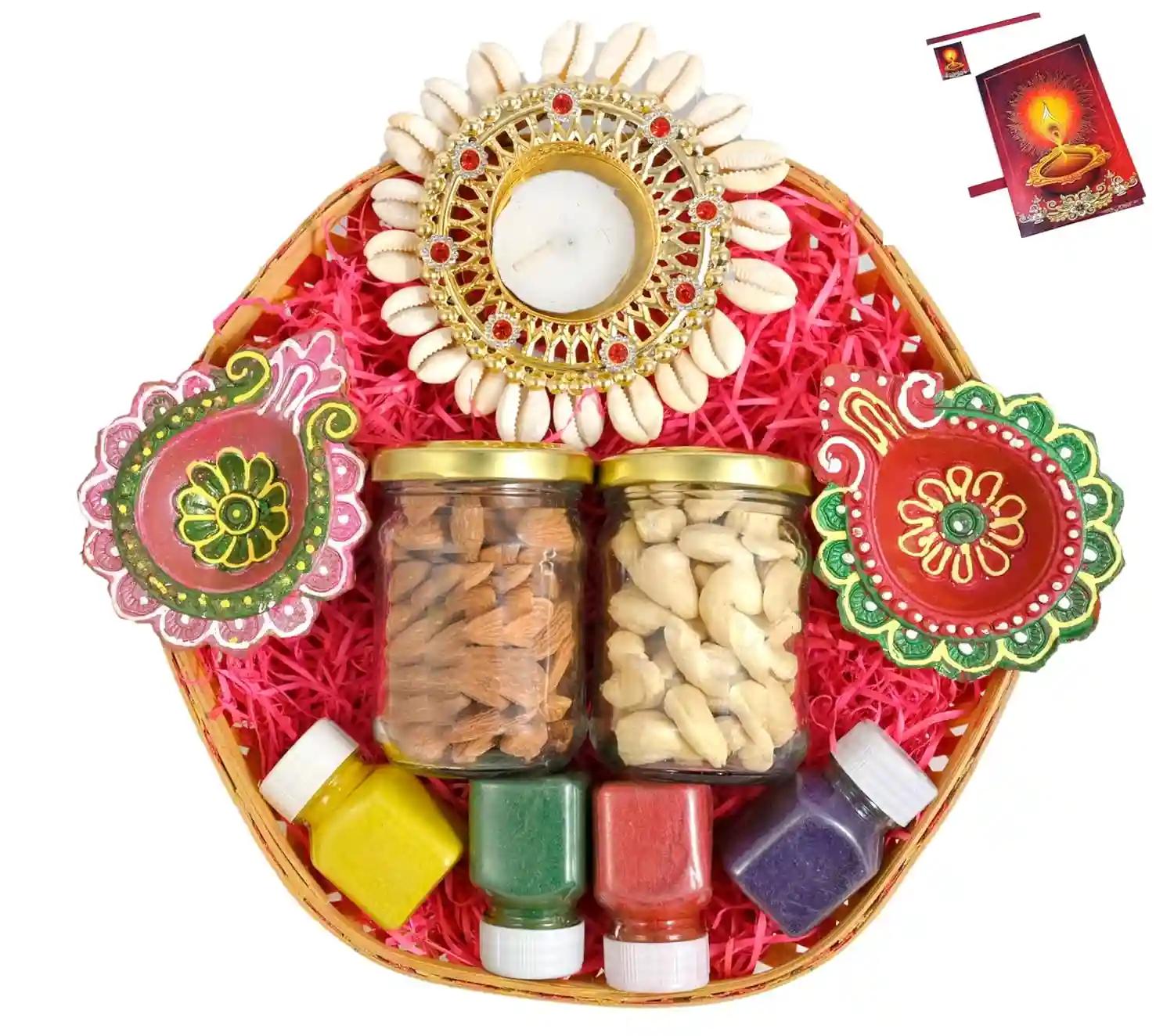 Diwali dry fruit tray/diwali gifts/diwali dry fruit gift hamper/diwali gift items-decorated basket+2 Jars of Dry Fruits(Almond and Cashew)+Designer candle holder+2 decorative diya+Rangoli Colours+Card